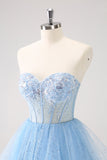 Sky Blue A Line Sweetheat Corset Tulle Prom Dress with Sequins