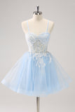 Blue A Line Spaghetti Straps Short Prom Dress with Appliques