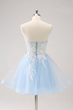 Blue A Line Spaghetti Straps Short Prom Dress with Appliques