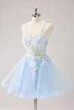 Blue A Line Spaghetti Straps Short Prom Dress with Appliques