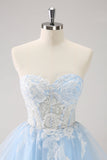 Blue A Line Spaghetti Straps Short Prom Dress with Appliques