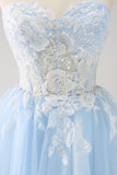 Blue A Line Spaghetti Straps Short Prom Dress with Appliques