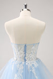 Blue A Line Spaghetti Straps Short Prom Dress with Appliques