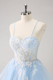 Blue A Line Spaghetti Straps Short Prom Dress with Appliques