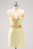 Sparkly Yellow Spaghetti Straps Tight Prom Dress with Sequins