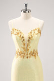 Sparkly Yellow Spaghetti Straps Tight Prom Dress with Sequins