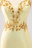 Sparkly Yellow Spaghetti Straps Tight Prom Dress with Sequins