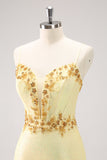 Sparkly Yellow Spaghetti Straps Tight Prom Dress with Sequins