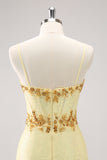 Sparkly Yellow Spaghetti Straps Tight Prom Dress with Sequins