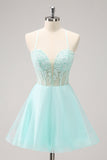 Green A Line Spaghetti Straps Corset Short Prom Dress