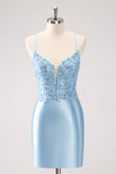 Blue Spaghetti Straps Tight Short Prom Dress with Appliques