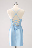 Blue Spaghetti Straps Tight Short Prom Dress with Appliques