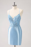 Blue Spaghetti Straps Tight Short Prom Dress with Appliques