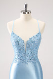 Blue Spaghetti Straps Tight Short Prom Dress with Appliques