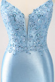 Blue Spaghetti Straps Tight Short Prom Dress with Appliques