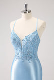 Blue Spaghetti Straps Tight Short Prom Dress with Appliques