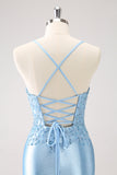 Blue Spaghetti Straps Tight Short Prom Dress with Appliques