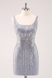 Sparkly Grey Square Neck Short Tight Prom Dress with Sequins