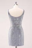 Sparkly Grey Square Neck Short Tight Prom Dress with Sequins