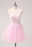 Pink A Line Spaghetti Straps Tulle Corset Prom Dress with Appliques