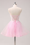 Pink A Line Spaghetti Straps Tulle Corset Prom Dress with Appliques