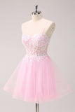 Pink A Line Spaghetti Straps Tulle Corset Prom Dress with Appliques