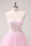 Pink A Line Spaghetti Straps Tulle Corset Prom Dress with Appliques