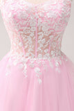 Pink A Line Spaghetti Straps Tulle Corset Prom Dress with Appliques