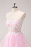 Pink A Line Spaghetti Straps Tulle Corset Prom Dress with Appliques