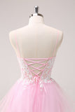 Pink A Line Spaghetti Straps Tulle Corset Prom Dress with Appliques