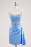 Blue Spaghetti Straps Corset Floral Tight Short Prom Dress