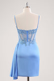 Blue Spaghetti Straps Corset Floral Tight Short Prom Dress