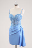 Blue Spaghetti Straps Corset Floral Tight Short Prom Dress