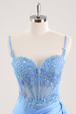 Blue Spaghetti Straps Corset Floral Tight Short Prom Dress