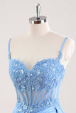 Blue Spaghetti Straps Corset Floral Tight Short Prom Dress