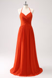 Orange A-Line Halter Pleated Chiffon Bridesmaid Dress