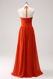 Orange A-Line Halter Pleated Chiffon Bridesmaid Dress