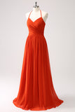 Orange A-Line Halter Pleated Chiffon Bridesmaid Dress