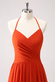 Orange A-Line Halter Pleated Chiffon Bridesmaid Dress