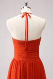 Orange A-Line Halter Pleated Chiffon Bridesmaid Dress