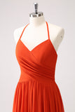 Orange A-Line Halter Pleated Chiffon Bridesmaid Dress