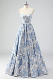 Strapless Blue Sweetheart Corset A-Line Floral Prom Dress