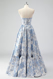 Strapless Blue Sweetheart Corset A-Line Floral Prom Dress