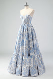 Strapless Blue Sweetheart Corset A-Line Floral Prom Dress