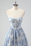 Strapless Blue Sweetheart Corset A-Line Floral Prom Dress