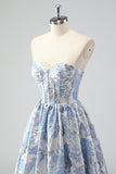 Strapless Blue Sweetheart Corset A-Line Floral Prom Dress