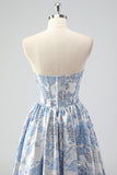 Strapless Blue Sweetheart Corset A-Line Floral Prom Dress