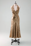 Golden Halter Backless Mermaid Metallic Wedding Guest Dress