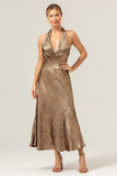 Golden Halter Backless Mermaid Metallic Wedding Guest Dress