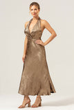 Golden Halter Backless Mermaid Metallic Wedding Guest Dress